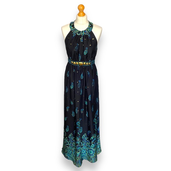 Tibi Dress Maxi Halter Neck Silk Black Green Paisley Embellished Occasion 10 12 - Picture 12 of 16